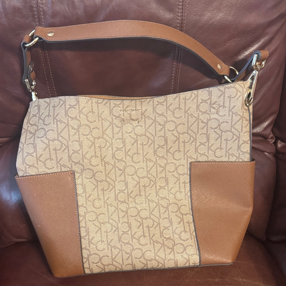 Calvin Klein Monogrammed Tan and Brown Shoulder Bag